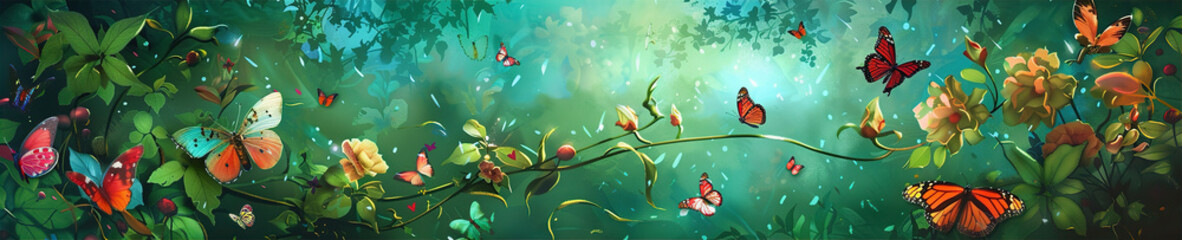 Wall Mural - long banner background from the butterflies in the garden