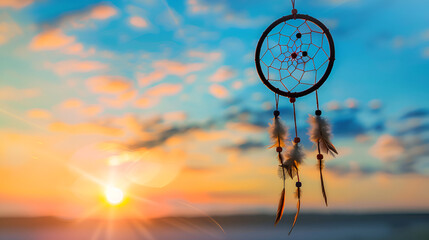 A dream catcher with feathers and a blue background, dreamcatcher hanging against a bright sky backdrop ,Beautiful dream catcher on blue background with lights
