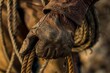 Close-up of a weathered hand in a leather glove gripping a rope in the countryside