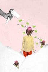 Poster - Vertical collage image of black white effect arm hold hair dryer blow hot air guy flower instead head melt snow isolated on pink background