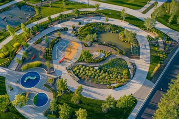 Wall Mural - A drone captures the layout of a park from above, showing a playground area surrounded by greenery