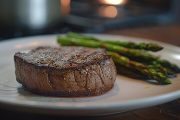 Wall Mural - A low angle view of a juicy beef steak and vibrant green asparagus arranged neatly on a white plate