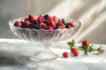 Wall Mural - A low angle shot of a glass bowl filled with assorted berries placed on top of a wooden table