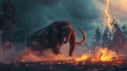Wall Mural - mammoth in prehistoric wild field with lightning bolt and fire flame in forest.