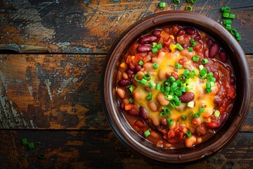 Wall Mural - A bowl filled with beans topped with cheese on a wooden table, showcasing a classic southern home style dish