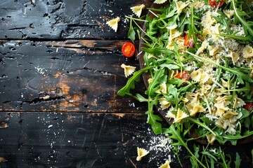 Wall Mural - A wooden table topped with a fresh salad made of arugula, farfalle pasta, and assorted vegetables