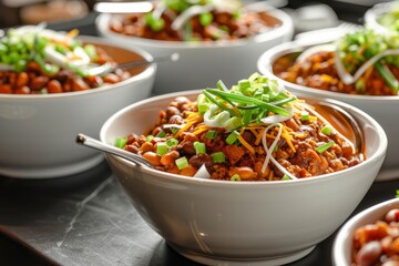 Sticker - A wide-angle shot of a serving table topped with bowls of delicious chili and beans