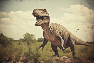 Wall Mural - Vintage photo of a dinosaur stands in prehistoric environment. Photorealistic.