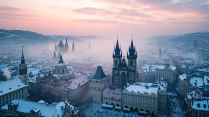 Poster - Beautiful historical buildings in winter with snow and fog in Prague city in Czech Republic in Europe.