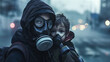A mother and her children wear masks to protect themselves from air pollution. The concept of the importance of protecting against air pollution. Generative AI.