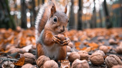 Wall Mural - An enormous squirrel gathering nuts of offers