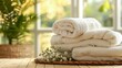 Fluffy towels folding on laundry table, clean linen scent