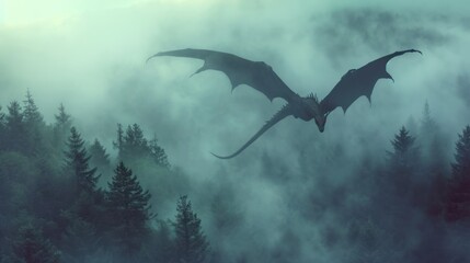 Wall Mural - A giant dragon flying over foggy forest. Photorealistic.