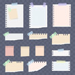 Paper notes on stickers, notepads and memo messages torn paper sheets. White and colorful striped note, copybook, notebook sheet. Office and school stationery, memo stickers. Vector illustration.