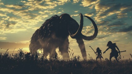 Wall Mural - Hunting scene of a team of primitive cavemen attacking a giant mammoth in wild field.