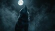 Shadowy figure of a werewolf howling on a full moon night