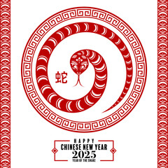 Wall Mural - Happy chinese new year 2025 year of the snake with flower,lantern,asian elements  blue and white traditional paper cut style on color background. (Translation : happy new year 2025 the snake zodiac )