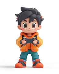 A cute boy enjoy with mobile game on white background. 3D Cartoon.