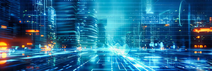 Wall Mural - urban network: a vision of digital connectivity overlaid on a cityscape, illustrating the fusion of 