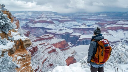 Wall Mural - hiker standing on top of grand canyon in winter in rugged lands with snow.