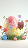 Fototapeta Storczyk - Cracked half open eggshell, colorful Easter egg with white flowers on yellow background. Pink egg and flowers inside, minimal background.