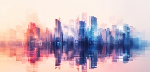 Wall Mural - A city skyline made of blurred shapes, with buildings in shades of blue and purple against a white background Generative AI