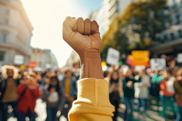 Wall Mural - Close up of a fist raised in the air at an outdoor political protest