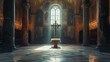 Bathed in divine light, a cross stands solemnly at the altar of a church, casting shadows of faith and spirituality as sunlight streams through stained-glass windows