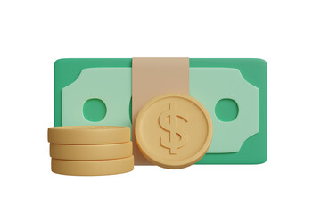 Canvas Print - 3D rendered illustration of banknote and dollar coin icons isolated on transparent background.