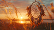 A dream catcher, hanging from a twig, with the evening sun, a warm and nostalgic background ,Close up of dream catcher hanging from tree in the sun

