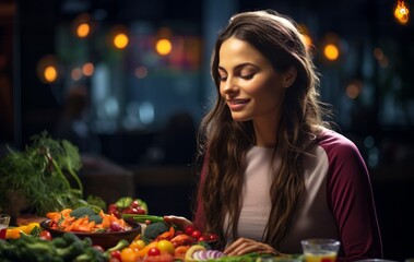 Wall Mural - Woman Sitting at Table With Vegetables