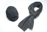 Fototapeta Mapy - Vintage woolen English eight-piece cap with scarf on a white background. Gentleman's accessories