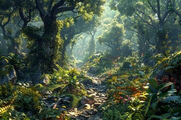 Wall Mural - The mysterious and enchanting atmosphere of a misty forest at dawn, with rays of sunlight piercing through the trees.