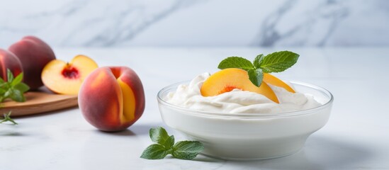 Wall Mural - A dish of yogurt topped with fresh peaches and mint leaves served on a table. A delectable combination of natural food ingredients perfect for a refreshing snack or dessert