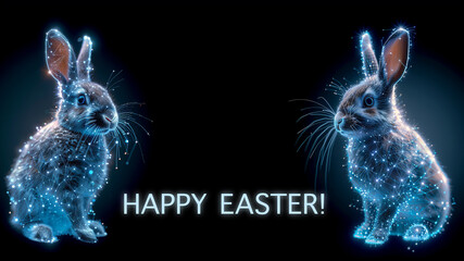 Happy Easter banner. Two cute polygonal Easter bunnies on black background. Digital greetings