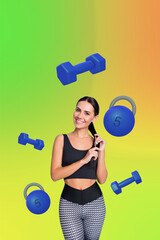 Sticker - Vertical photo collage of young smile girl athlete pose dumbbell weight equipment sport lifestyle motivation isolated on painted background