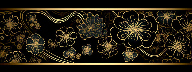 Canvas Print - Horizontal Luxury Image of Elegant Gold Pattern on Black Background in Japanese Style