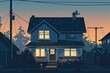 Capturing the peaceful atmosphere of suburbia, this illustration depicts a serene home at dusk, with warm lights welcoming the night.
