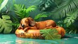 Snoozing cartoon dachshund on a leaf-shaped pool float, lush garden surrounding, serene afternoon nap