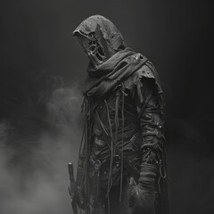 Wall Mural - A man in a black hooded cloak is standing in a foggy, dark room