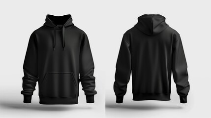 mock up, blank front and back black hooded sweatshirt, white background