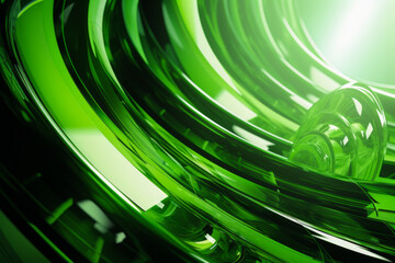 Abstract geometric green background with glass spiral tubes, flow clear fluid with dispersion and refraction effect, crystal composition of flexible twisted pipes, modern 3d wallpaper, design element