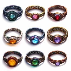 Sticker - Set of multicolor gold and silver rings and bracelets with gems, precious stones.  Isolated icons for games.