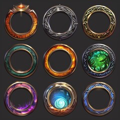 Poster - Set of multicolor gold and silver rings and bracelets with gems, precious stones.  Isolated icons for games.