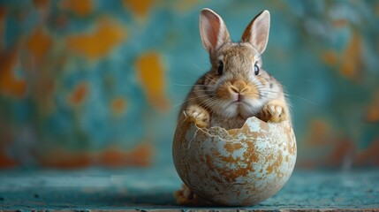 Wall Mural - Cute little rabbit sitting in an eggshell. Easter concept.