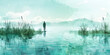   A boy stands in the water in front of a rive Background
