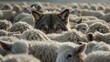 A wolf camouflaged within a herd of sheep, showcasing the proverbial idea of a hidden threat or deceit