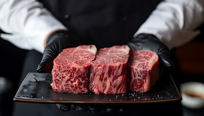 Skilled butcher showcasing a prime, marbled Wagyu beef steak