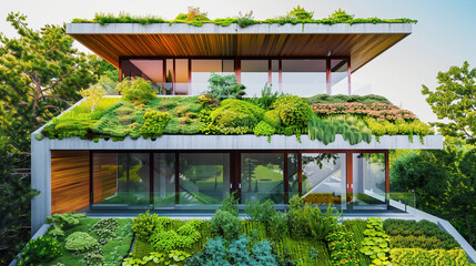 Wall Mural - Modern Sustainable Building with Lush Green Roof