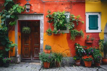 Poster - A colorful building with a wooden door and a green window